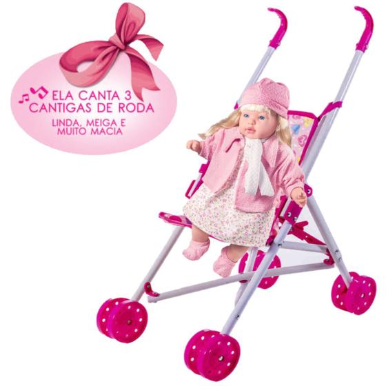 Imagem de Kit Boneca Baby Classic Rose Ring Musical + Carrinho Boneca