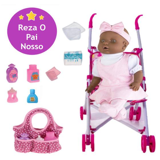 Imagem de Kit Boneca Judy Negra Minha 1ª Oração + Carrinho e Bolsinha