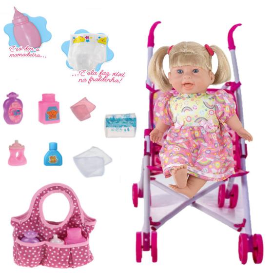 Imagem de Kit Boneca Menina Rafaeli Xixi + Carrinho + Bolsa Acessórios