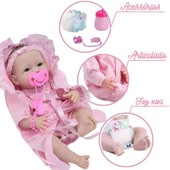 Kit Boneca Realista New Born + Fralda + Chupeta + Mamadeira Rosa ...