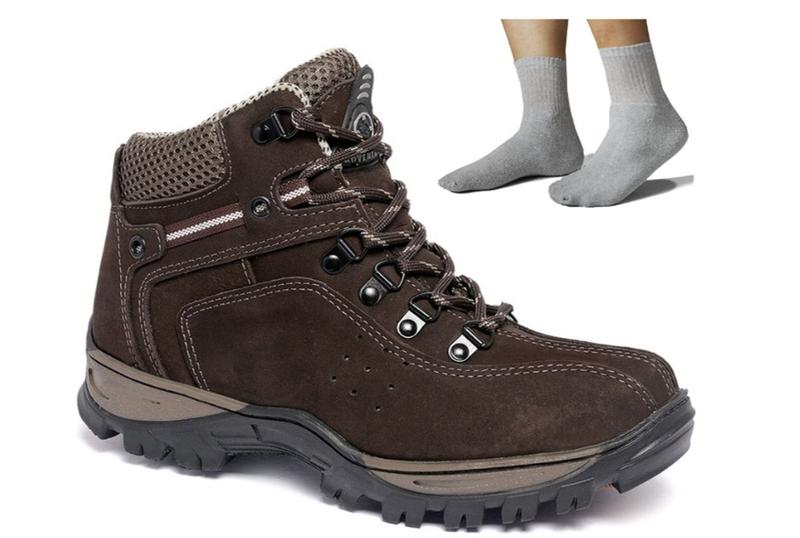 Imagem de Kit Bota Adventure Masculina Couro Coturno Trilha + Meia Cano Longo