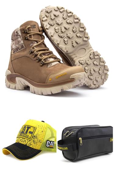 Kit Bota Coturno Adventure Cat Em Couro + Boné + Necessaire Menor preço em Kit Bota Coturno Adventure Cat Em Couro + Boné + Necessaire