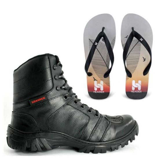 Imagem de Kit Bota Coturno Adventure de Couro e Chinelo Masculino Casual Confortável e Leve