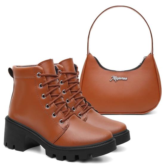 Imagem de Kit Bota Coturno Casual Cadarço Feminino Sola Tratorada e Bolsa de Ombro Elegante