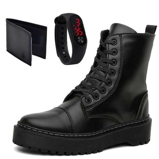 Imagem de Kit Bota Coturno Hfast Shoes Tratorada Cano Medio Lisa com Carteira e Relogio