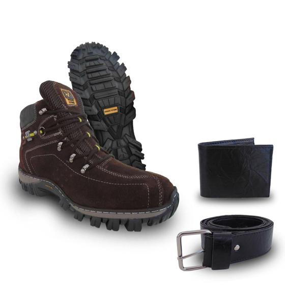 Kit Bota Coturno Masculino Em Couro Camurça Café Com Porta Cartões + Cinto - TAM. 42 Menor preço em Kit Bota Coturno Masculino Em Couro Camurça Café Com Porta Cartões + Cinto - TAM. 42