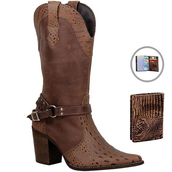 Imagem de Kit Bota Feminina Country Couro Cano Alto + Carteira Couro