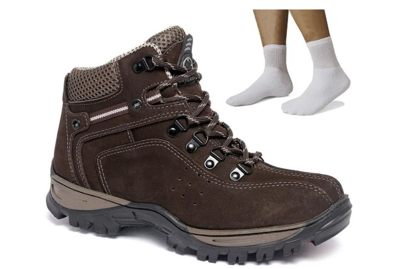 Imagem de Kit Bota Masculina Couro Adventure Trilha Motociclista + Meia Cano Longo