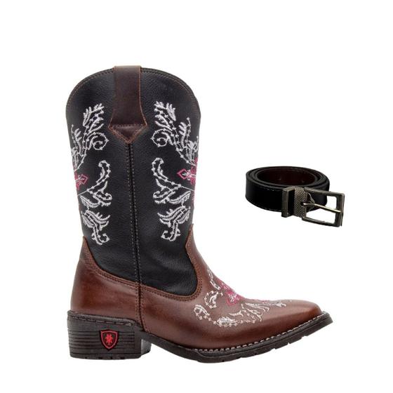 Imagem de Kit Bota Texana Country Infantil Texas Gold de Couro com Cinto Dupla Face 10000