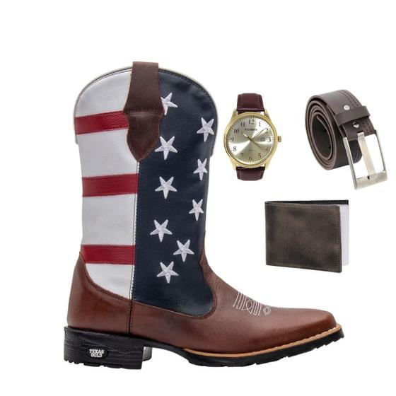 Imagem de Kit Bota Texana Country Masculina Texas Gold EUA de Couro com Carteira Cinto e Relógio Bco