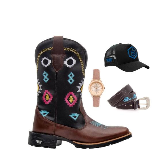 Imagem de Kit Bota Texana Western Feminina Texas Gold Bordado Xadrez com Relógio Cinto e Boné