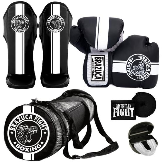 Kit Boxe Muay Thai Luva Caneleira Bolsa Bandagem Bucal Brazuca - Masculino Menor preço em Kit Boxe Muay Thai Luva Caneleira Bolsa Bandagem Bucal Brazuca - Masculino