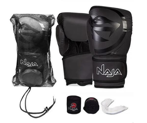 Kit Boxe Muay Thai Naja Black Line + Luva + Bandagem + Bucal Menor preço em Kit Boxe Muay Thai Naja Black Line + Luva + Bandagem + Bucal