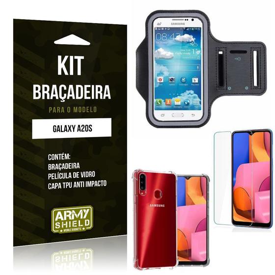 Imagem de Kit Braçadeira Galaxy A20S Braçadeira + Capinha Anti Impacto + Película de Vidro - Armyshield