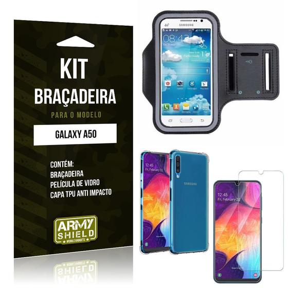 Imagem de Kit Braçadeira Galaxy A50 Braçadeira + Capinha Anti Impacto + Película de Vidro - Armyshield