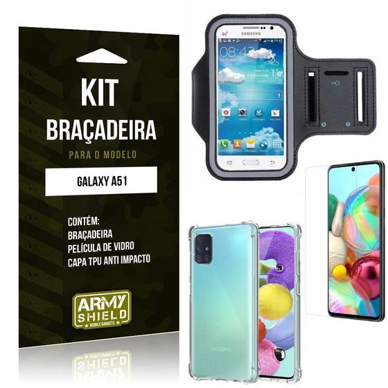 Imagem de Kit Braçadeira Galaxy A51 Braçadeira + Capinha Anti Impacto + Película de Vidro - Armyshield