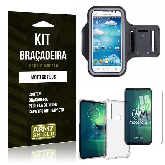 Imagem de Kit Braçadeira Moto G8 Plus Braçadeira + Capinha Anti Impacto + Película de Vidro - Armyshield