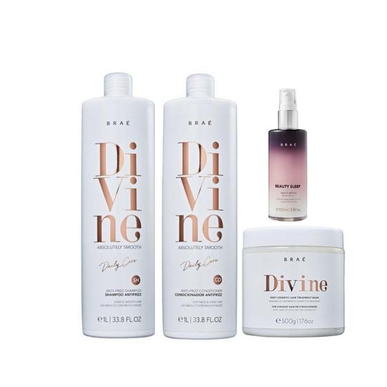 Kit Braé Divine - Shampoo 1lt + Condicionador 1lt + Máscara 500g + Beauty Sleep 100ml Imagem de Kit Braé Divine - Shampoo 1lt + Condicionador 1lt + Máscara 500g + Beauty Sleep 100ml