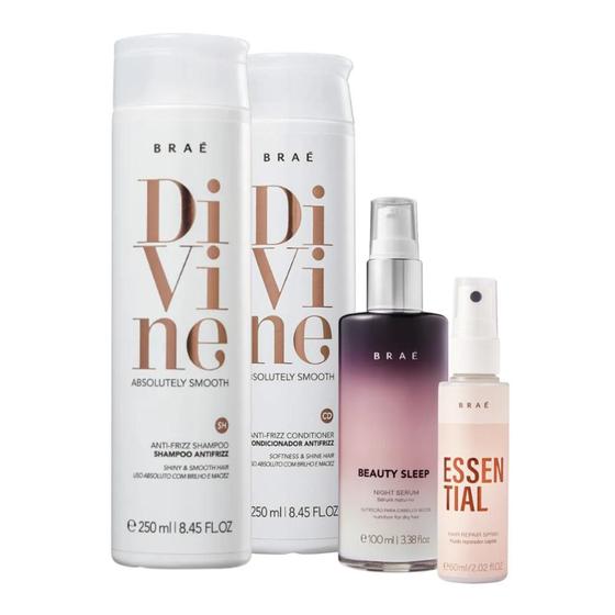 Imagem de Kit Braé Divine Shampoo 250ml, Condicionador 250ml, Beauty Sleep 100ml, Essential 60ml