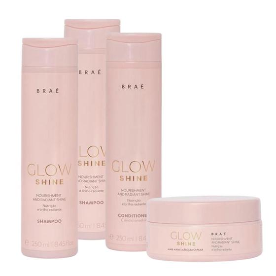 Imagem de Kit Braé Glow Shine Shampoo 250ml, Shampoo 250ml, Condicionador 250ml, Máscara 200g (4 produtos)