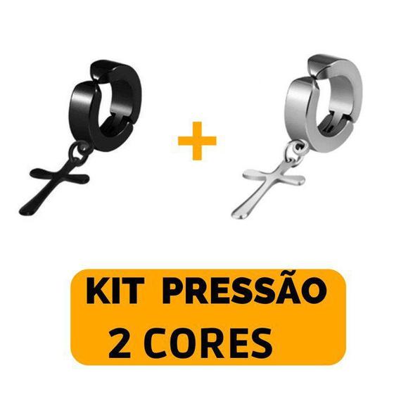 Imagem de Kit Brinco Argola Cruz Masculino Feminino Pressão Magnético Preto Prata Aço Inox