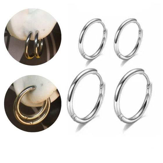 Imagem de Kit Brinco Masculino Feminino Argola Prata 16,18mm Aço Inox Antialérgico