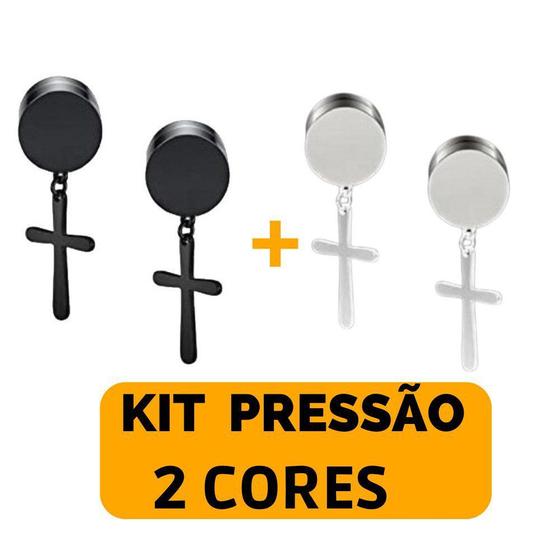 Imagem de Kit Brinco Masculino Feminino Pressão Falso Alargador Magnético Ímã Preto Prata Cruz Aço Inox