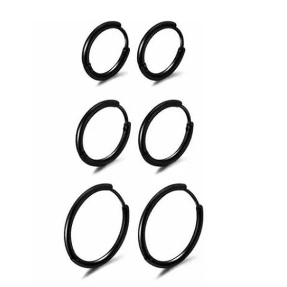 Imagem de Kit Brinco Masculino Feminino Trio Argola Preto 10,14,18mm Aço Inox Antialérgico