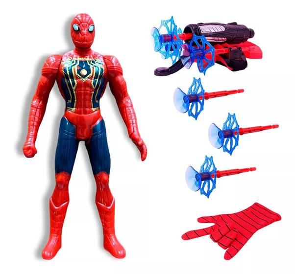 Imagem de Kit Brinquedo Boneco Homem Aranha Com Luva e Lançador e 3 Dardos