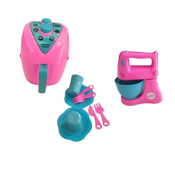 Imagem de Kit Brinquedo Cozinha Infantil Fritadeira Air Fryer Batedeira Pratinho Faca Garfinho Plastico