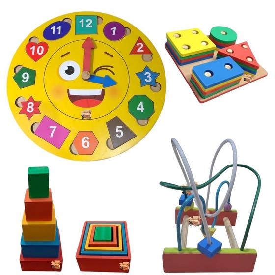 Imagem de Kit Brinquedo Educativo Madeira Prancha Seleção + Relógio + Aramado M  + Cubo De Encaixe Vol 2