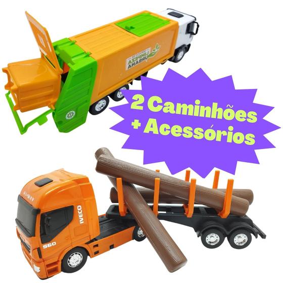 Imagem de Kit Brinquedo Infantil 2 Peças: 1 Caminhão Carga De Madeira + 1 Caminhão De Lixo Coletor