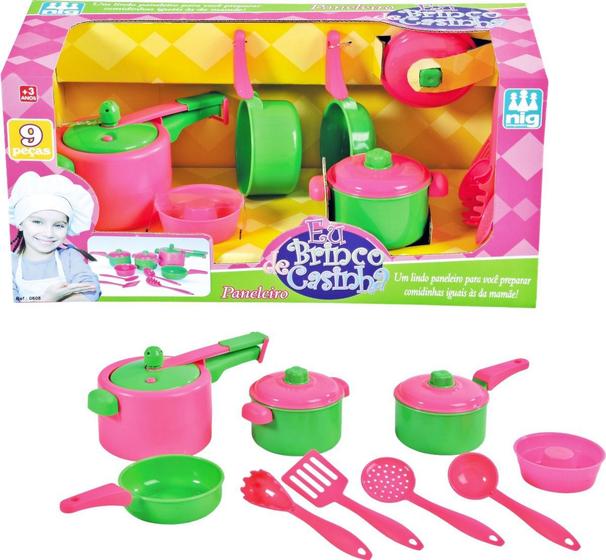 Imagem de Kit Brinquedo Panelinha Infantil Rosa C/ Talheres - Nig