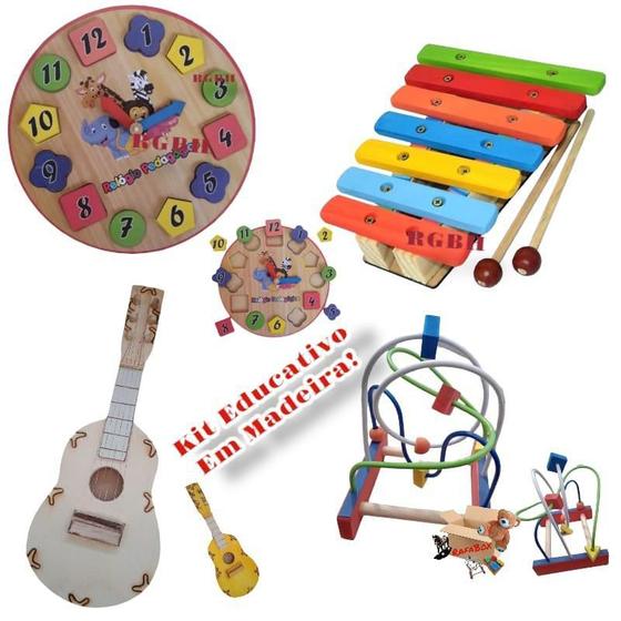 Imagem de Kit Brinquedo Pedagógico Relógio Aramado Xilofone E Violão