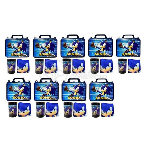 Imagem de Kit Brinquedo Sonic Com 9 Lancheira De Maletinha + 9 Copo + 9 Mini Toalha Cor:azul+amarelo