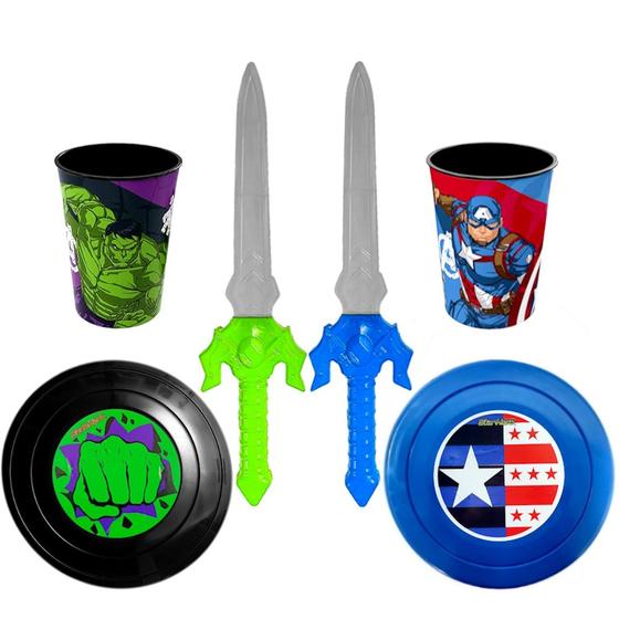 Imagem de Kit Brinquedos com 2 Escudos 2 Espadas e Copos Hulk e Capitão América