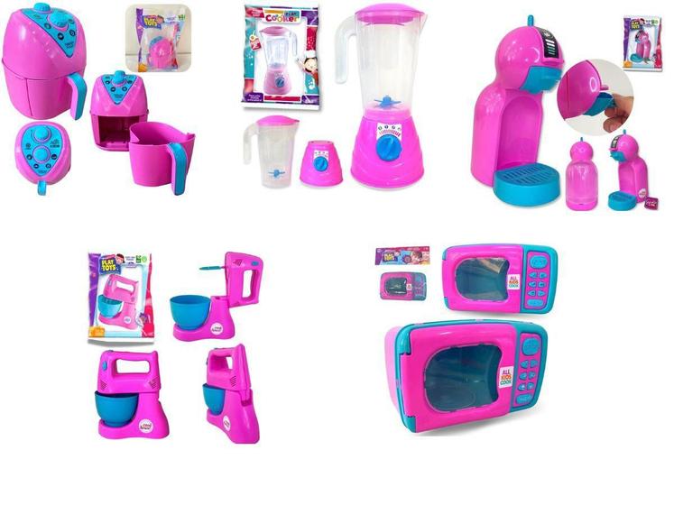 Imagem de Kit Brinquedos Cozinha Infantil Rosa - Air Fryer, Cafeteira, Liquidificador, Batedeira, Microondas
