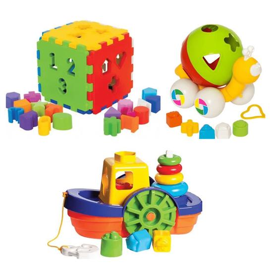 Kit Brinquedos Didáticos Barco Caracol Cubo Com Blocos Mercotoys ...