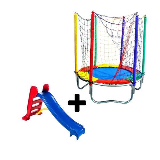 Imagem de Kit Brinquedos Playground Cama Elástica Pequena Pula Pula Trampolim 1,40m + Escorregador Infantil Médio 3 Degraus