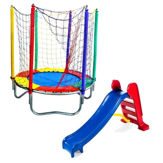 Imagem de Kit Brinquedos Playground Cama Elástica Pequena Pula Pula Trampolim 1,40m + Escorregador Infantil Médio 3 Degraus