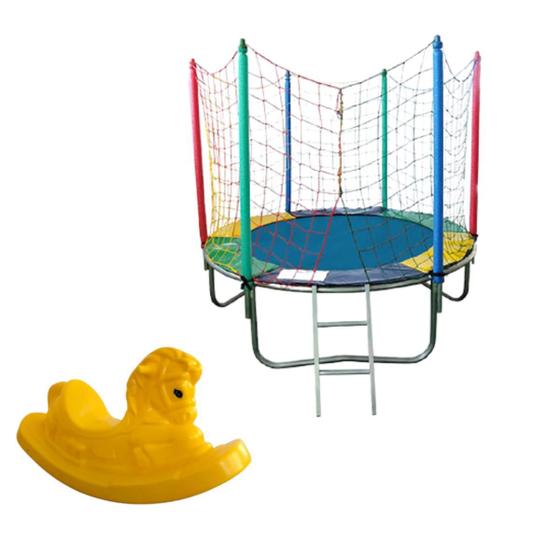Imagem de Kit Brinquedos Playground Cama Elástica Pequena Pula Pula Trampolim 1,83m + Gangorra Infantil 1 Lugar