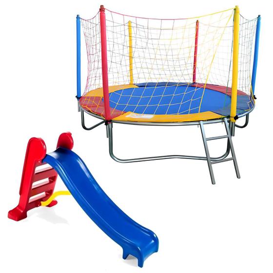 Imagem de Kit Brinquedos Playground Cama Elástica Pequena Pula Pula Trampolim 2,30m + Escorregador Infantil Médio 3 Degraus