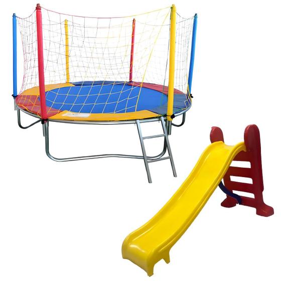 Imagem de Kit Brinquedos Playground Cama Elástica Pequena Pula Pula Trampolim 2,30m + Escorregador Infantil Médio 3 Degraus