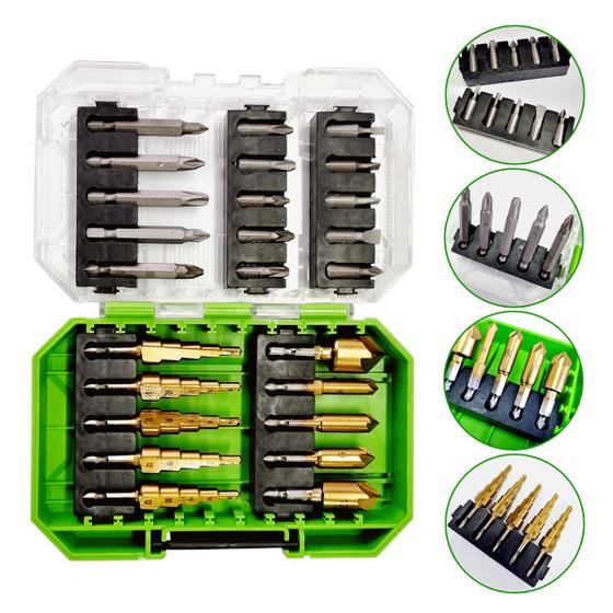 Imagem de Kit Broca Escareadora E Escalonada Titânio + Bits C/25 Peças