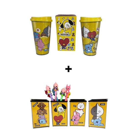 Imagem de Kit Bts Personagens Amarelo:copo Térmico + Porta Treco Lápis