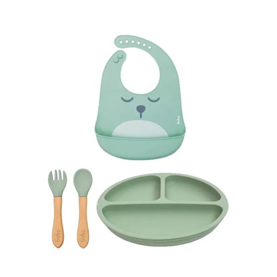 Kit Buba - Pratinho e Talheres Silicone + babador Gumy Verde Menor preço em Kit Buba - Pratinho e Talheres Silicone + babador Gumy Verde