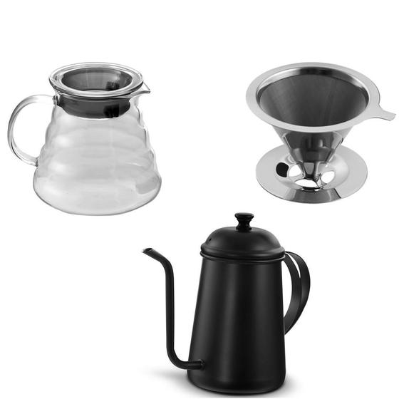 Imagem de Kit Bule Bico Fino Preto, Jarra Vidro, Filtro Para Café Inox