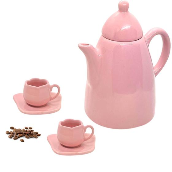 Imagem de Kit Bule de Café 1Litro e duas Xícaras Tulipa com Pires Rosa