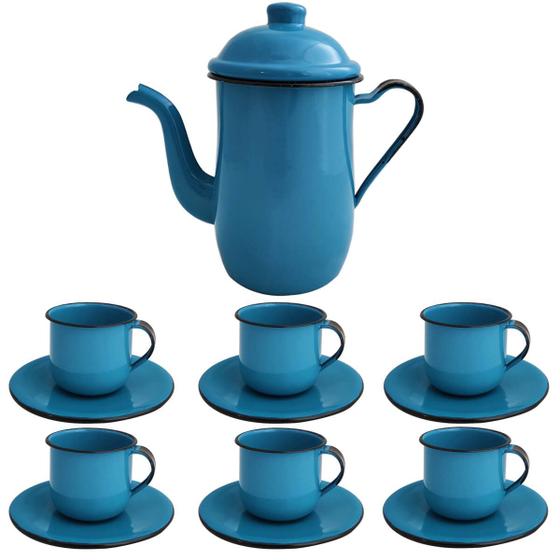 Imagem de Kit Bule De Café E Chá Com 6 Xícaras e Pires Aço Esmaltado