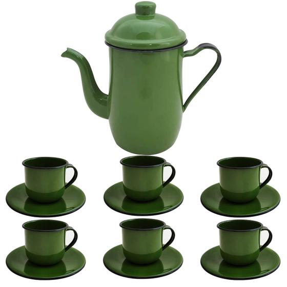 Imagem de Kit Bule De Café E Chá Com 6 Xícaras e Pires Aço Esmaltado